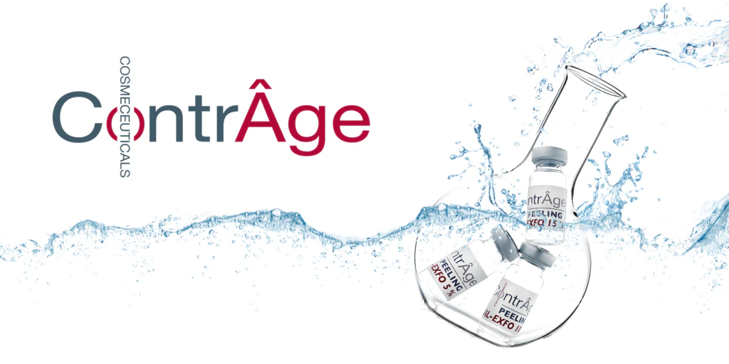 Флаконы кислотных пилингов ContrÂge Cosmeceuticals в колбе с водой