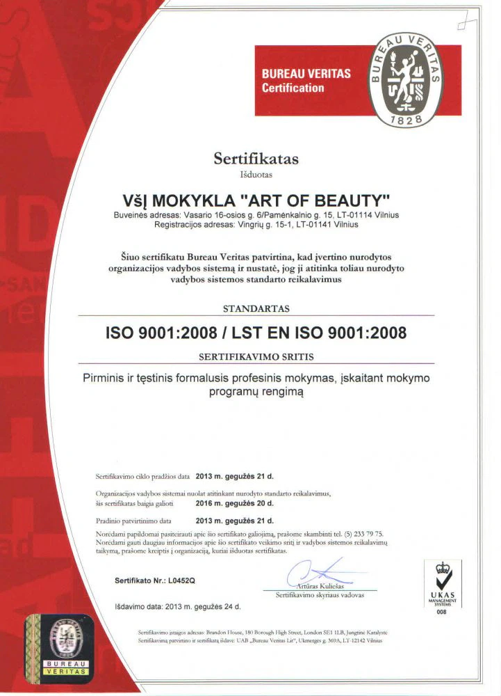 Bureau Veritas ISO 9001:2008 kokybės sertifikatas VšĮ Mokykla „Art of Beauty“