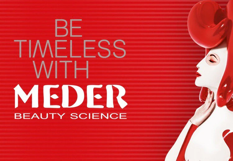 MEDER Beauty Science reklama su užrašu „Be timeless with MEDER“