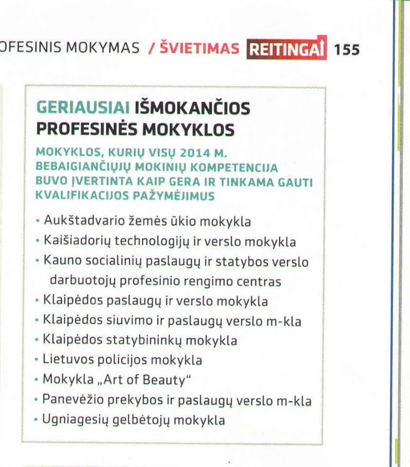 Žurnalo „Reitingai“ sąrašas „Geriausiai išmokančios profesinės mokyklos“ su mokykla „Art of Beauty“