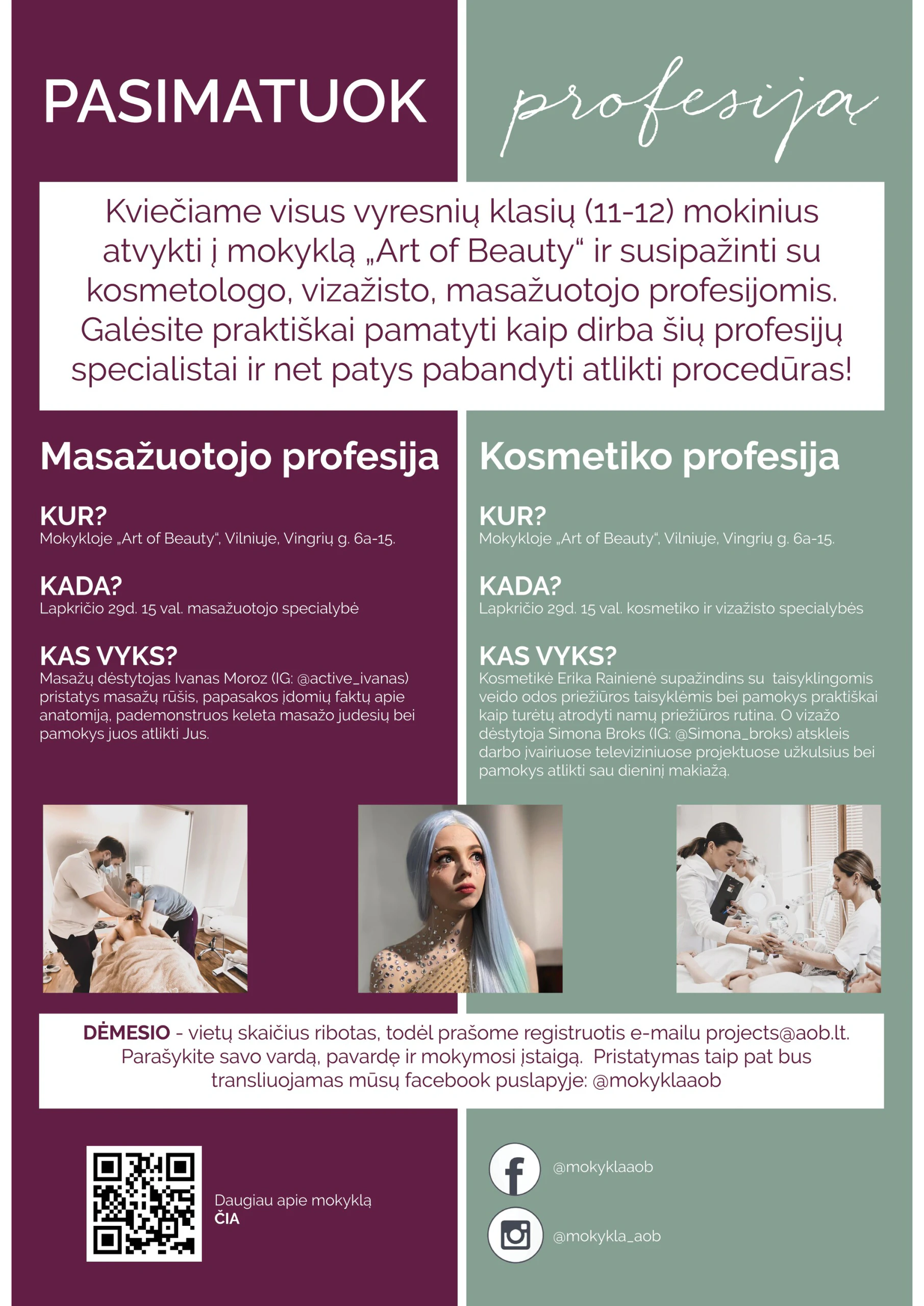 Renginio „Pasimatuok profesiją“ plakatas: masažuotojo ir kosmetiko profesijos, lapkričio 29 d.